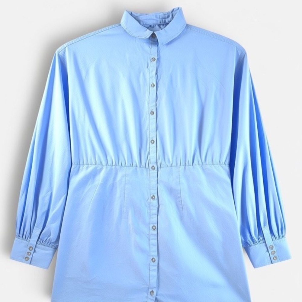 Maeve Button Down Shirt‎ Womens 1X Blue Cinched Waist Cotton Blend Long Sleeve
